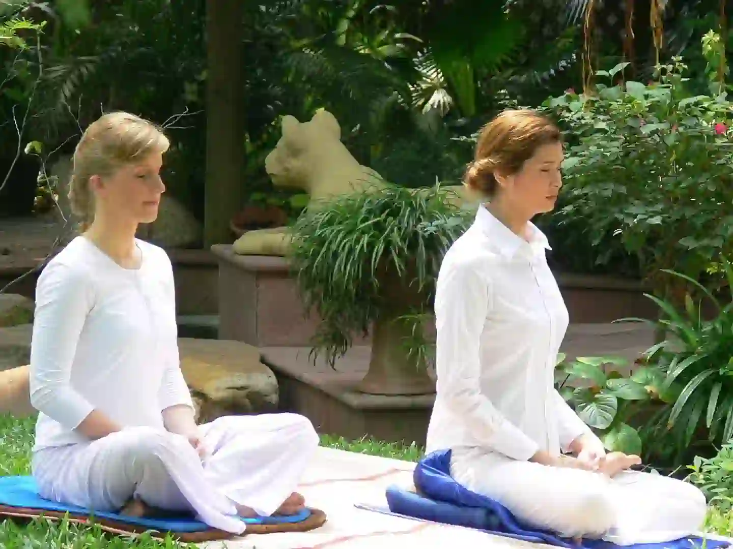 Medytujące osoby w tajskim ogrodzie lub świątyni